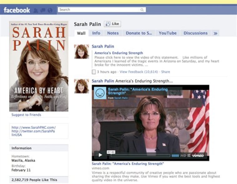 A nearly eight-minute video was posted on Sarah Palin's Facebook wall early Wednesday, accusing journalists and pundits of inciting hatred and violence in the wake of a deadly Arizona shooting that gravely wounded a U.S. congresswoman.